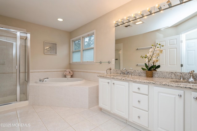 476 Birch Bark Dr, Brick, NJ 08723 - full bathroom with a garden tub, double vanity, a stall shower, tile patterned flooring, and recessed lighting