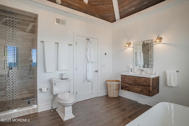 bathroom featuring wooden ceiling, a stall shower, wood finished floors, toilet, and vanity