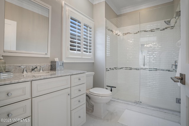 bathroom with a stall shower, crown molding, toilet, vanity, and marble finish flooring