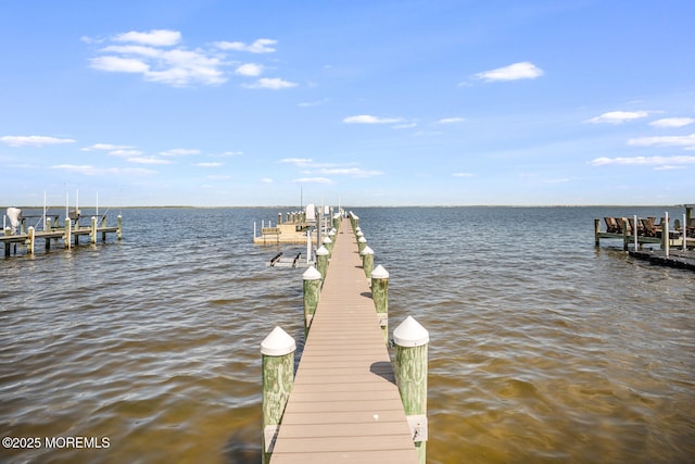 dock area with boat lift and a water view