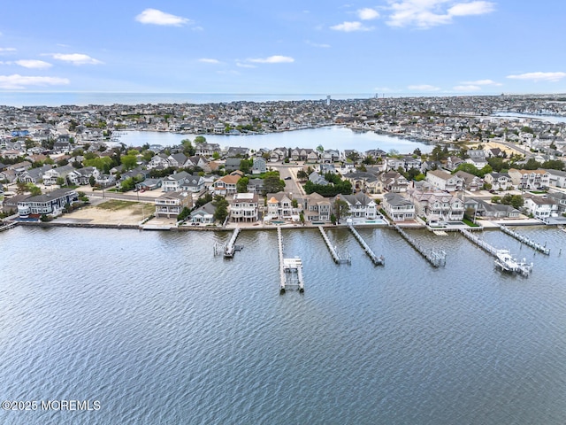 aerial view of residential area with a large body of water