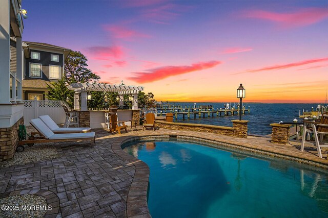 47 Pershing Blvd, Lavallette, NJ 08735 - swimming pool featuring a patio area, a water view, a pergola, boat lift, and a boat dock