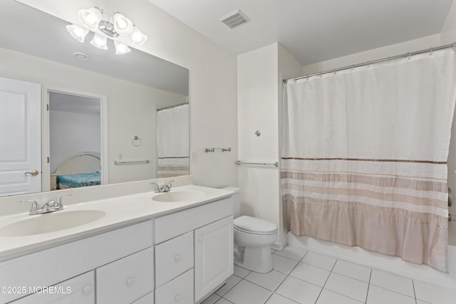 full bathroom with tile patterned floors, toilet, double vanity, shower / bath combo with shower curtain, and connected bathroom