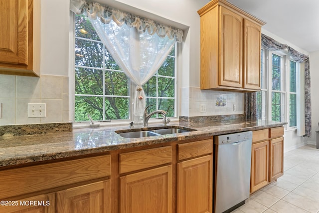kitchen with dishwasher, a sink, dark stone countertops, and healthy amount of natural light