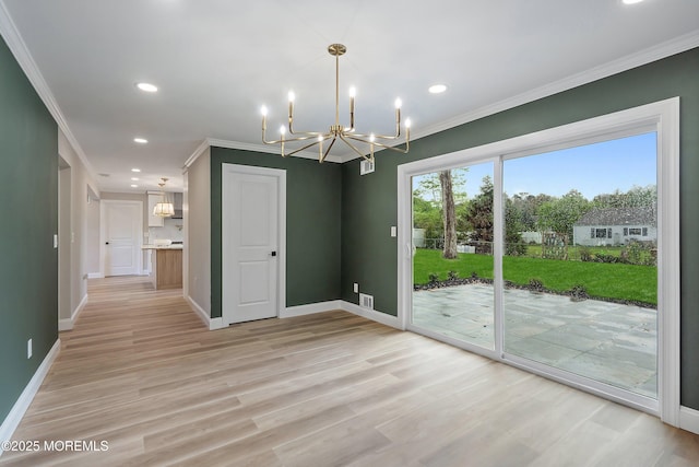 983 Cedar Grove Rd, Toms River, NJ 08753 - unfurnished dining area with a chandelier, ornamental molding, baseboards, light wood-style floors, and recessed lighting