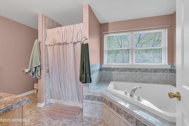 bathroom featuring a garden tub, a shower with curtain, toilet, and tile patterned floors