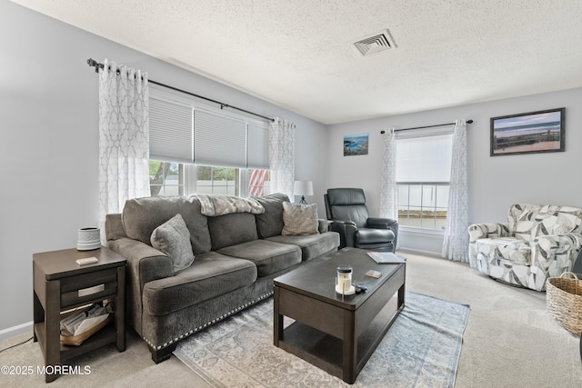 carpeted living area with plenty of natural light, a textured ceiling, and baseboards