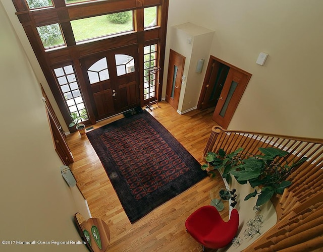 entryway featuring a towering ceiling, wood finished floors, healthy amount of natural light, and baseboards
