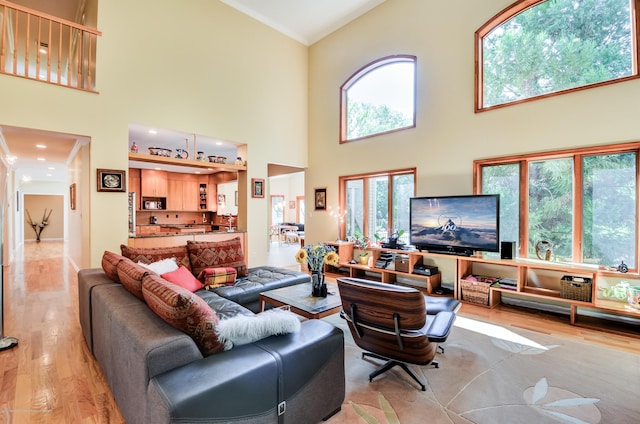 living area featuring light wood-style floors, crown molding, and a towering ceiling