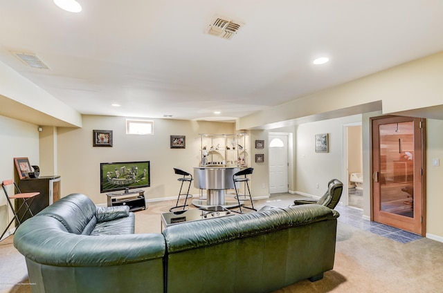 living area with light colored carpet, baseboards, and recessed lighting