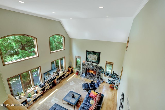 7 Mccampbell Rd, Holmdel, NJ 07733 - living area with high vaulted ceiling, a stone fireplace, healthy amount of natural light, recessed lighting, and wood finished floors