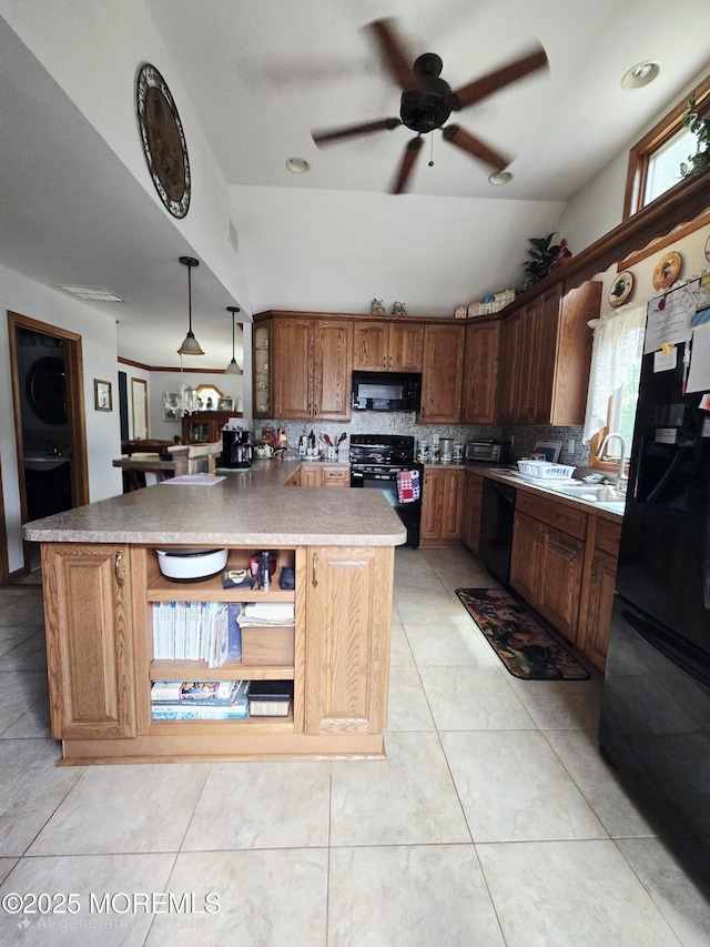 804 Brookside Dr, Toms River, NJ 08753 - kitchen featuring black appliances, a ceiling fan, decorative backsplash, a sink, and hanging light fixtures