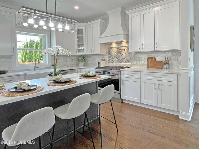 kitchen with high end stainless steel range, custom exhaust hood, a sink, a breakfast bar, and white cabinets