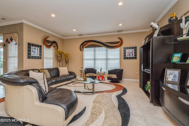 living area featuring light tile patterned floors, plenty of natural light, recessed lighting, baseboards, and crown molding