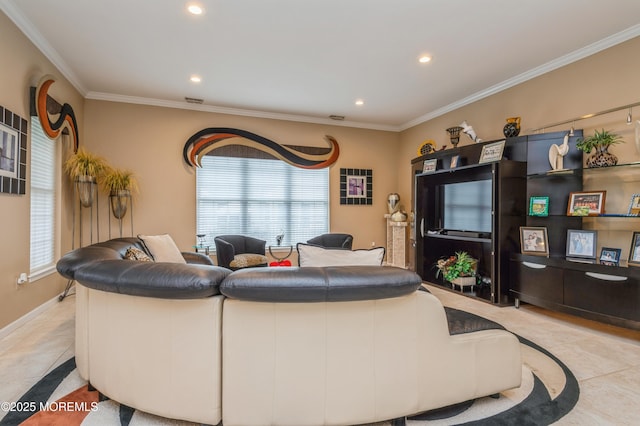 living area with light tile patterned floors, crown molding, recessed lighting, and baseboards