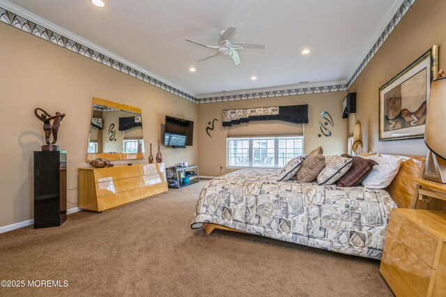 bedroom with ornamental molding, recessed lighting, carpet, and baseboards