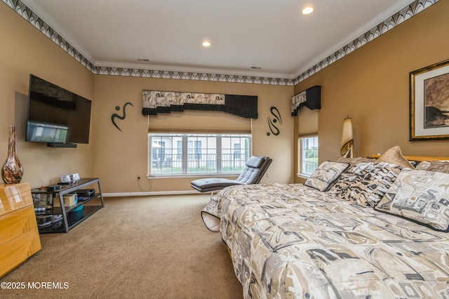 carpeted bedroom with ornamental molding, baseboards, and recessed lighting
