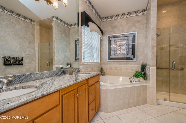 bathroom with tile patterned floors, a shower stall, a garden tub, and double vanity