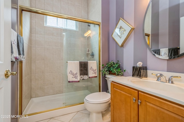 full bath featuring a stall shower, toilet, vanity, and tile patterned floors