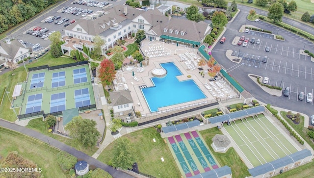 aerial overview of property's location with a pool