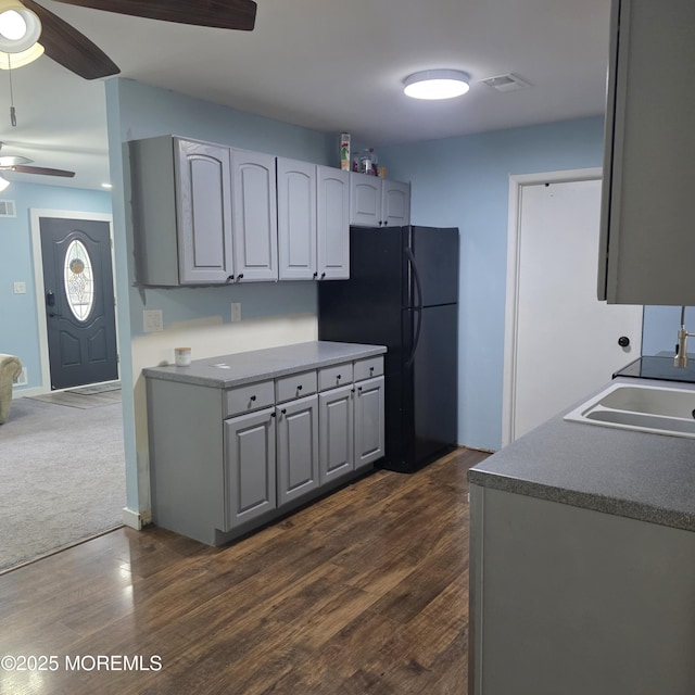 56 Georgetown Blvd, Barnegat, NJ 08005 - kitchen featuring a ceiling fan, a sink, gray cabinetry, dark wood-style floors, and freestanding refrigerator