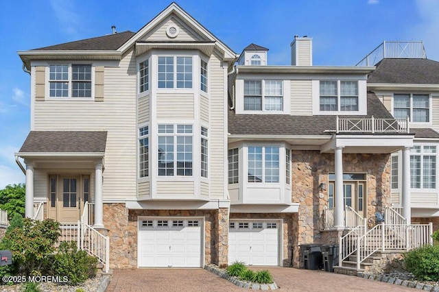 townhome / multi-family property with stone siding, decorative driveway, and a chimney
