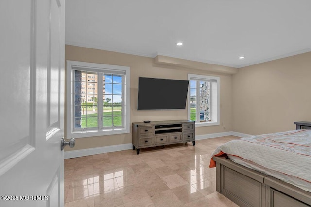 bedroom with multiple windows, baseboards, ornamental molding, recessed lighting, and light tile patterned floors