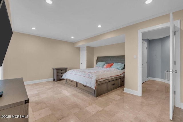 bedroom with baseboards, recessed lighting, and crown molding
