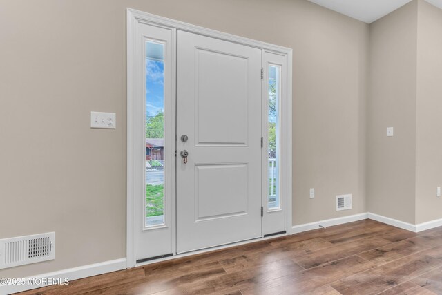 foyer featuring wood finished floors, healthy amount of natural light, and baseboards