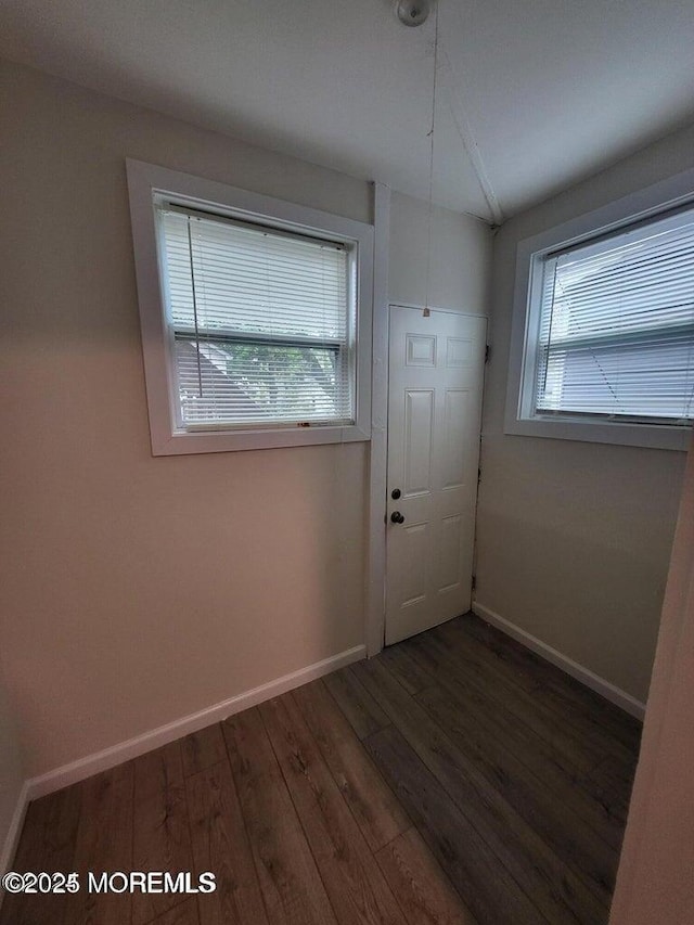 entryway with baseboards and wood finished floors