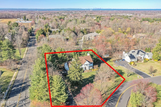 aerial view of property's location with property parcel outlined and a forest