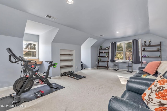 workout room featuring lofted ceiling, built in features, baseboards, recessed lighting, and carpet