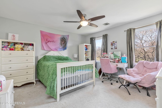 bedroom with carpet flooring and ceiling fan