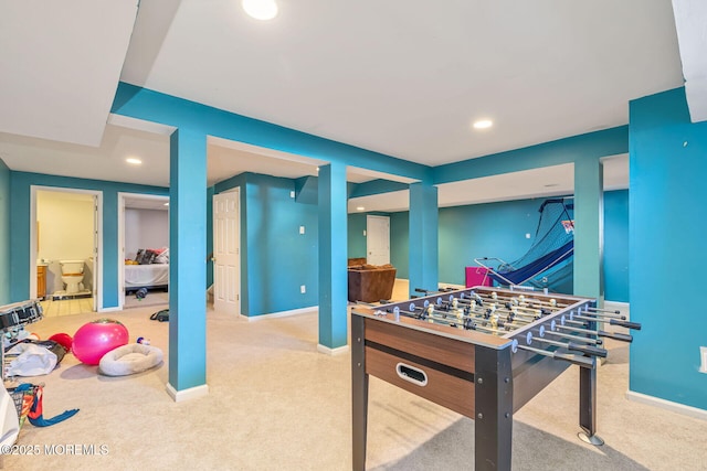 game room featuring carpet floors, recessed lighting, and baseboards