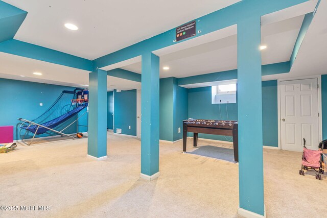 playroom featuring carpet floors, baseboards, and recessed lighting