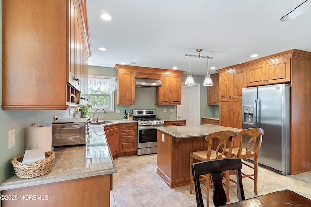 24 Statesboro Rd, Freehold, NJ 07728 - kitchen featuring appliances with stainless steel finishes, a sink, ventilation hood, recessed lighting, and a center island
