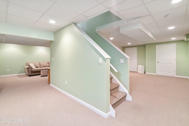 24 Statesboro Rd, Freehold, NJ 07728 - staircase with carpet floors, a drop ceiling, recessed lighting, and baseboards