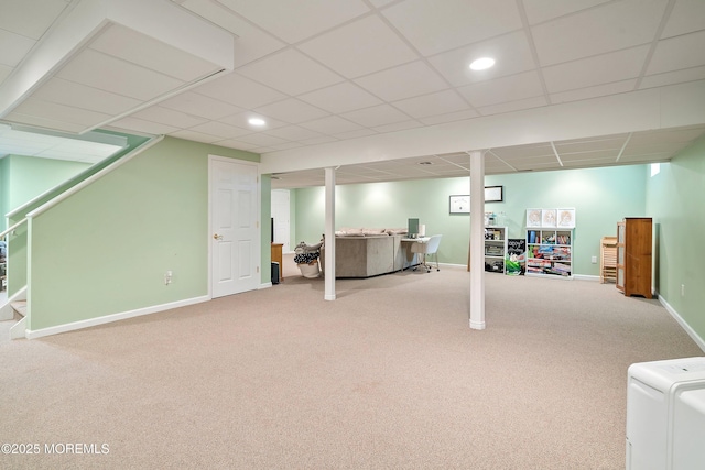 24 Statesboro Rd, Freehold, NJ 07728 - finished basement featuring carpet floors, baseboards, stairs, a drop ceiling, and recessed lighting