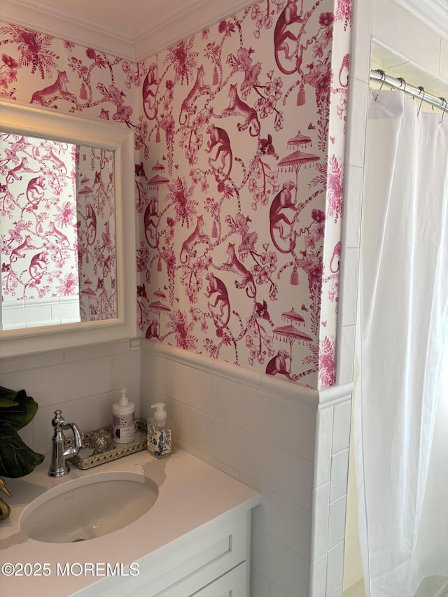 21 Mount St Unit C-1, Bay Head, NJ 08742 - full bathroom with wallpapered walls, ornamental molding, and vanity