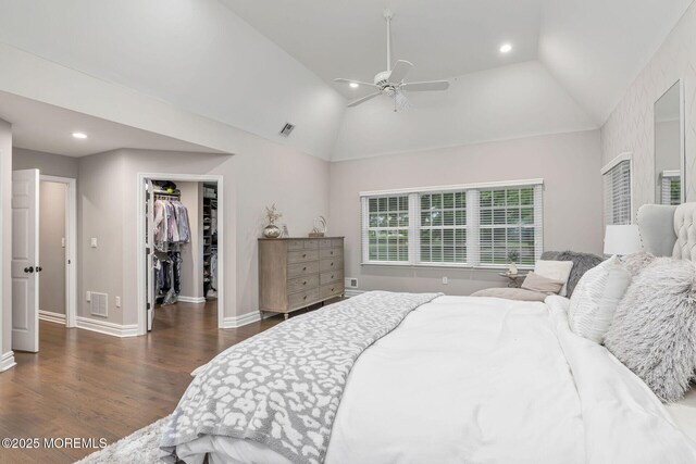 3 Ardmore Pl, Holmdel, NJ 07733 - bedroom with dark wood-type flooring, lofted ceiling, a walk in closet, baseboards, and recessed lighting
