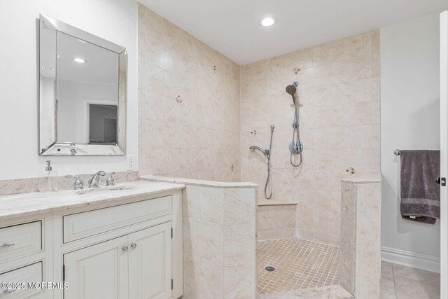 3 Ardmore Pl, Holmdel, NJ 07733 - bathroom featuring a walk in shower, vanity, recessed lighting, and tile patterned floors