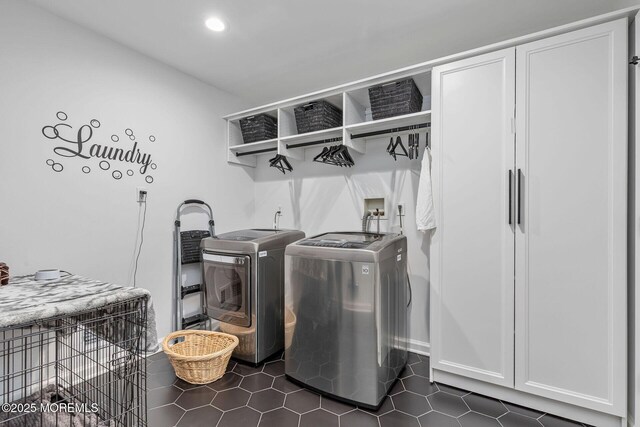 3 Ardmore Pl, Holmdel, NJ 07733 - laundry area featuring washer and clothes dryer, dark tile patterned flooring, cabinet space, recessed lighting, and wet bar