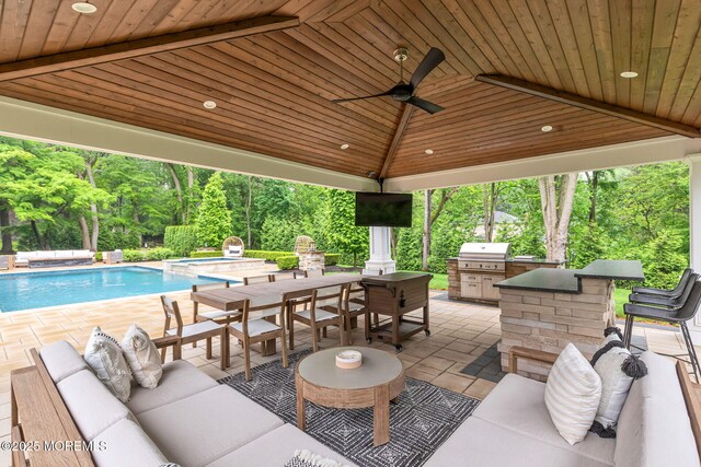 3 Ardmore Pl, Holmdel, NJ 07733 - view of patio featuring an outdoor living space, a grill, a pool with connected hot tub, ceiling fan, and outdoor dining space