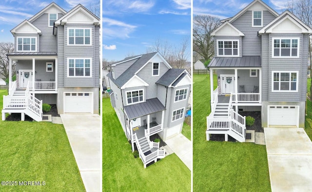 coastal home featuring covered porch, stairs, driveway, and an attached garage