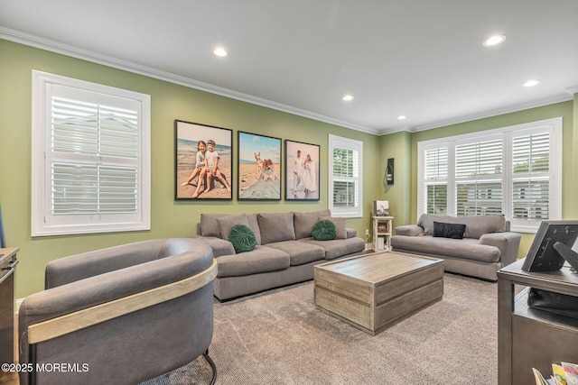 living area featuring ornamental molding and recessed lighting