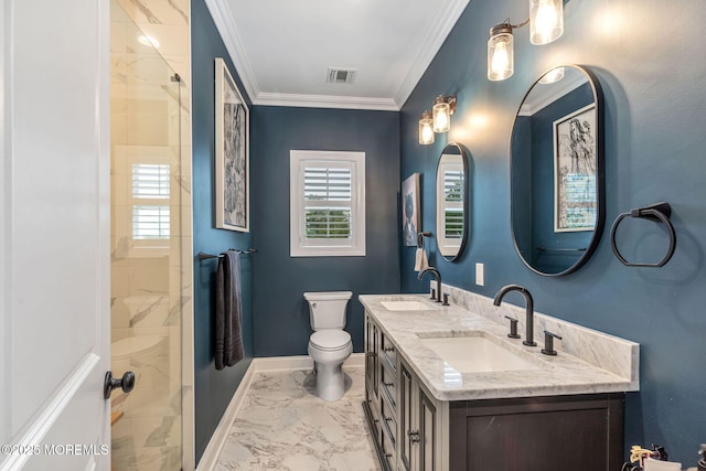 bathroom featuring marble finish flooring, toilet, ornamental molding, double vanity, and baseboards
