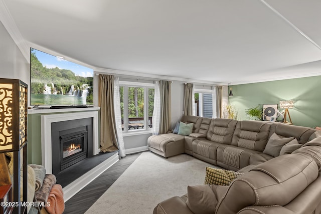 142 Orchid Ct, Toms River, NJ 08753 - living room featuring ornamental molding, a glass covered fireplace, dark wood-style floors, and baseboards