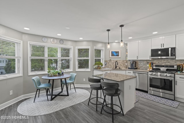 142 Orchid Ct, Toms River, NJ 08753 - kitchen featuring stainless steel appliances, white cabinetry, dark wood finished floors, tasteful backsplash, and recessed lighting