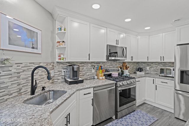 142 Orchid Ct, Toms River, NJ 08753 - kitchen featuring appliances with stainless steel finishes, a sink, white cabinetry, backsplash, and recessed lighting