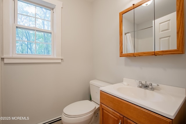 3257 Ridgeway Blvd, Manchester, NJ 08759 - bathroom with toilet, vanity, a baseboard heating unit, and a shower with shower curtain